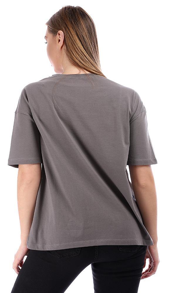 94872 Loose Printed Half Sleeves Waist-Length T-Shirt - Grey - Ravin 