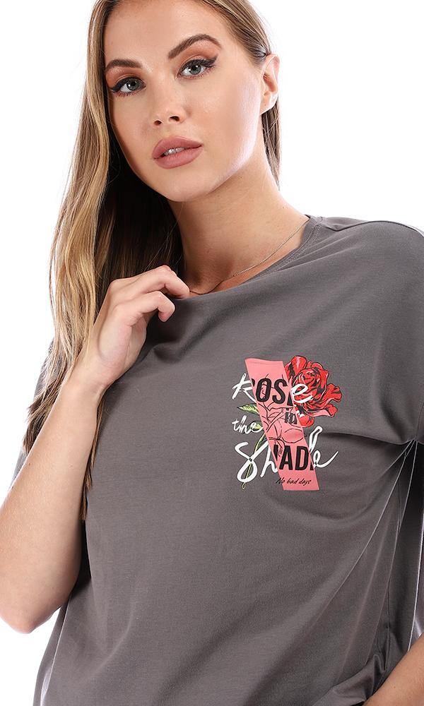 94872 Loose Printed Half Sleeves Waist-Length T-Shirt - Grey - Ravin 