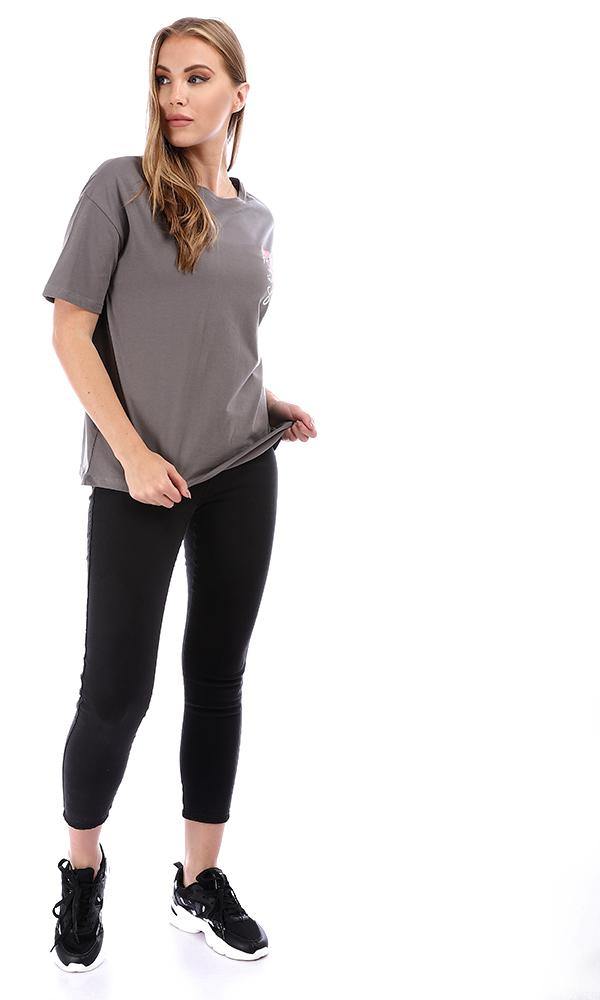 94872 Loose Printed Half Sleeves Waist-Length T-Shirt - Grey - Ravin 