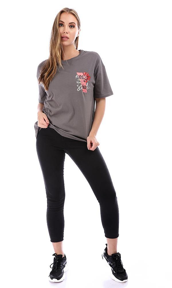 94872 Loose Printed Half Sleeves Waist-Length T-Shirt - Grey - Ravin 