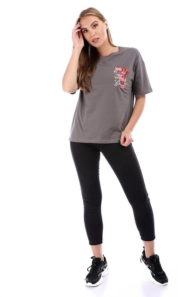 94872 Loose Printed Half Sleeves Waist-Length T-Shirt - Grey - Ravin 