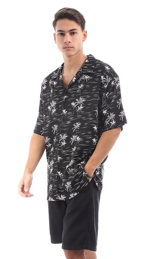 94898 Shor Sleeves Palms Black Summer Shirts - Ravin 