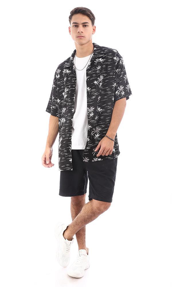 94898 Shor Sleeves Palms Black Summer Shirts - Ravin 