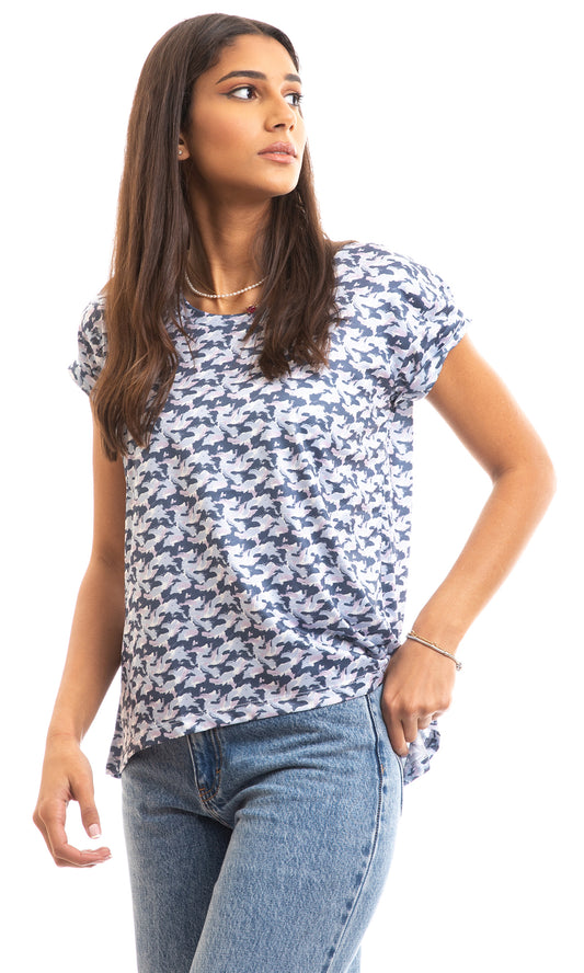 94899 Deep Round Neck Pattern Lightweight Tee - Navy Blue & Plum