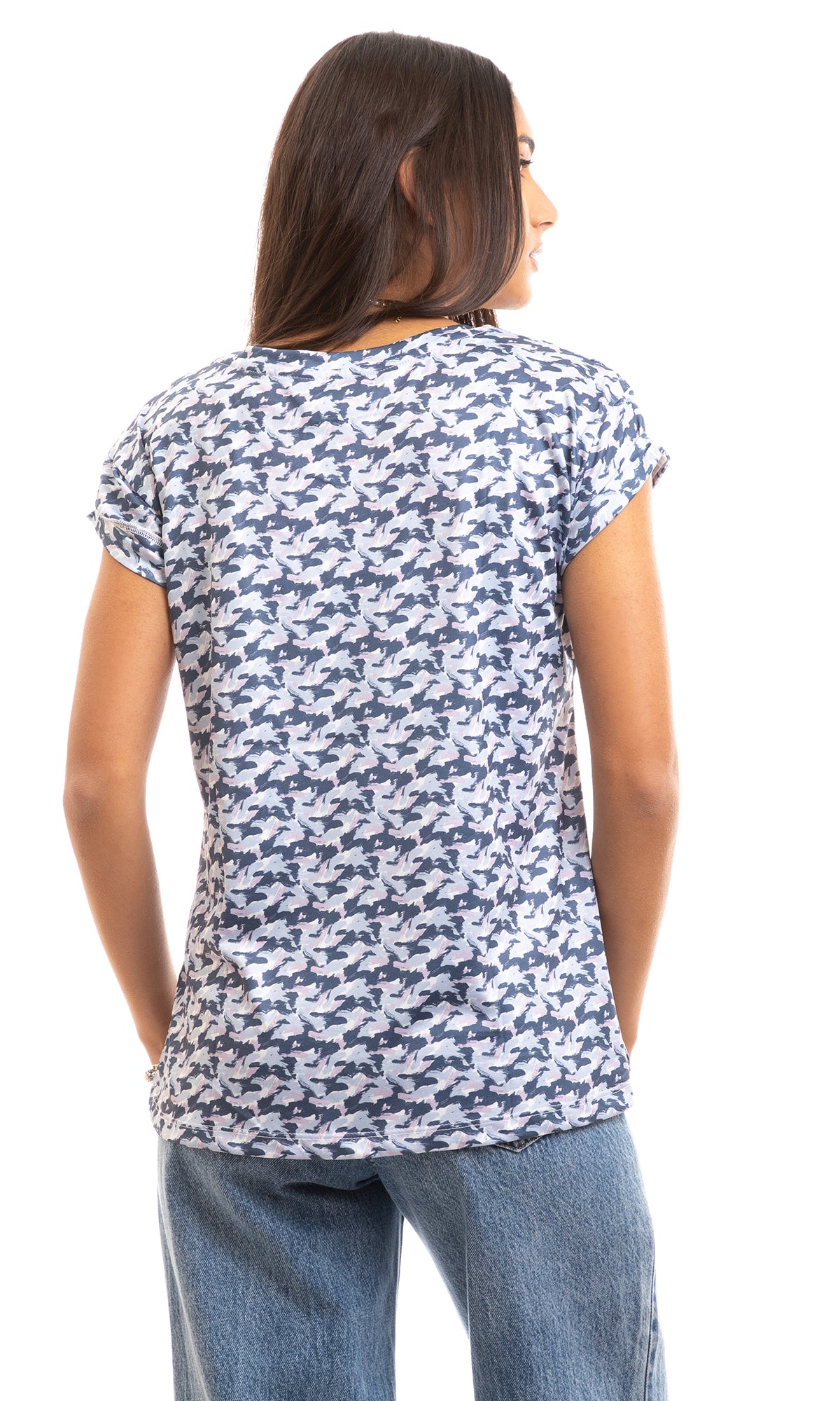 94899 Deep Round Neck Pattern Lightweight Tee - Navy Blue & Plum