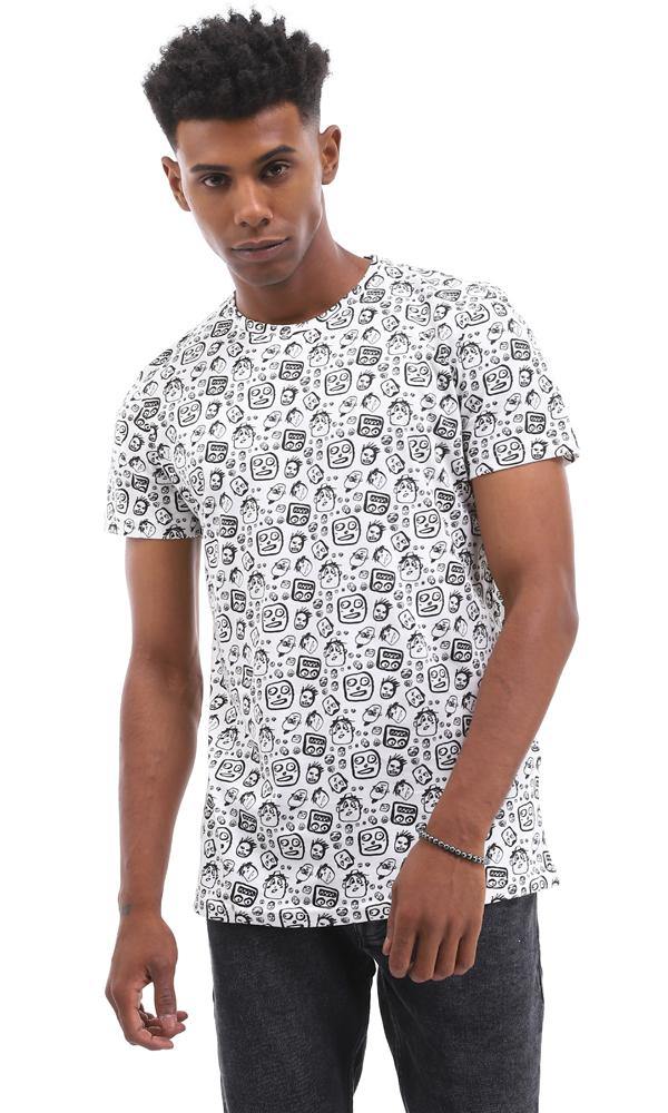 94917 Unique Printed Crew Neck Cotton White T-Shirt - Ravin 