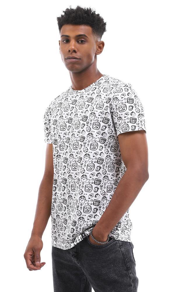 94917 Unique Printed Crew Neck Cotton White T-Shirt - Ravin 