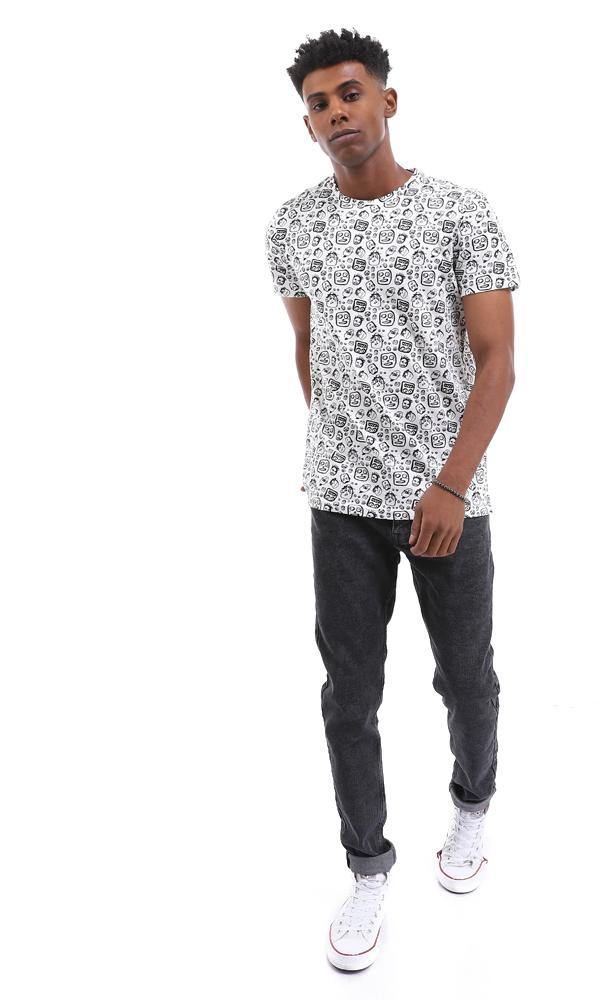 94917 Unique Printed Crew Neck Cotton White T-Shirt - Ravin 