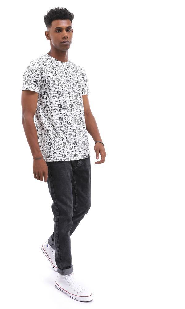 94917 Unique Printed Crew Neck Cotton White T-Shirt - Ravin 