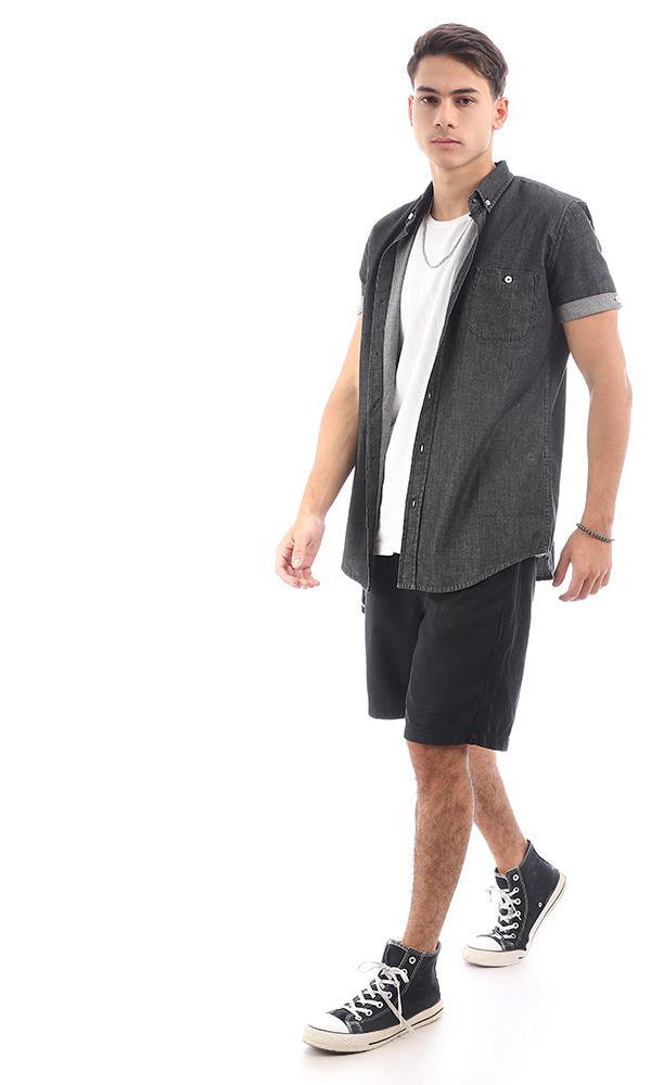 94926 Front Patched Pocket Black Denim Shirt - Ravin 