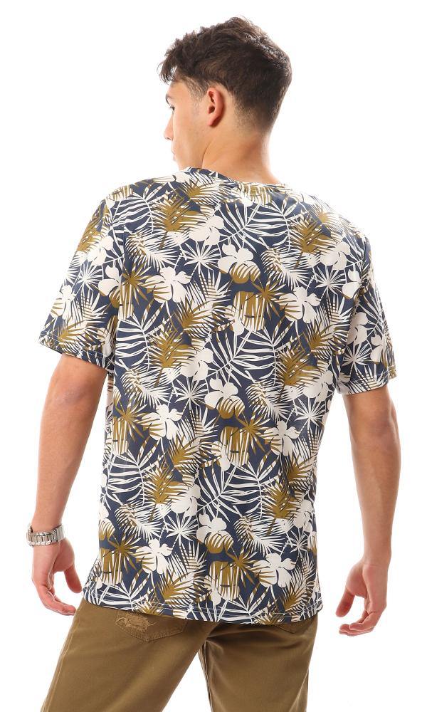 94939 Self Patterned Cotton Beach T-Shirt - White, Olive & Navy Blue - Ravin 