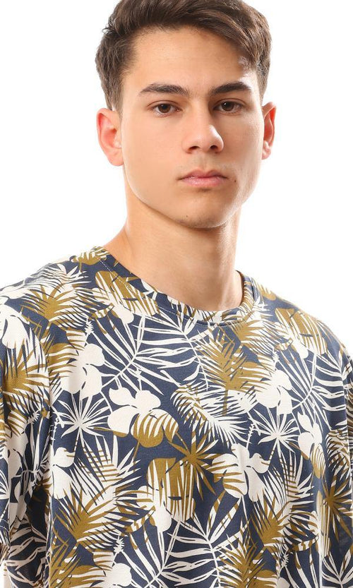 94939 Self Patterned Cotton Beach T-Shirt - White, Olive & Navy Blue - Ravin 