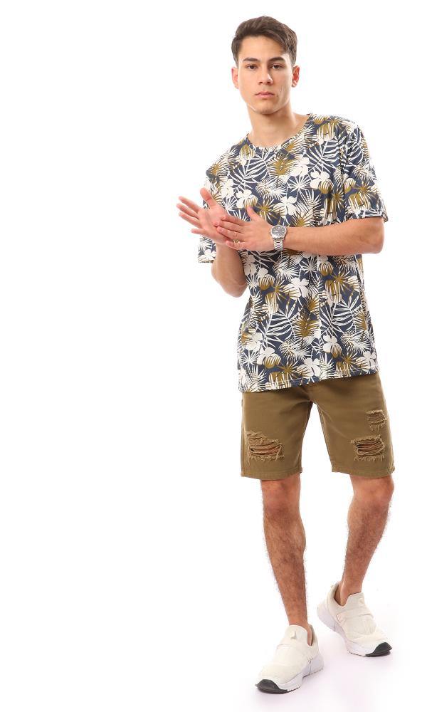 94939 Self Patterned Cotton Beach T-Shirt - White, Olive & Navy Blue - Ravin 
