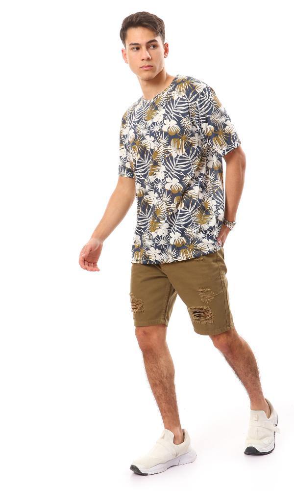 94939 Self Patterned Cotton Beach T-Shirt - White, Olive & Navy Blue - Ravin 