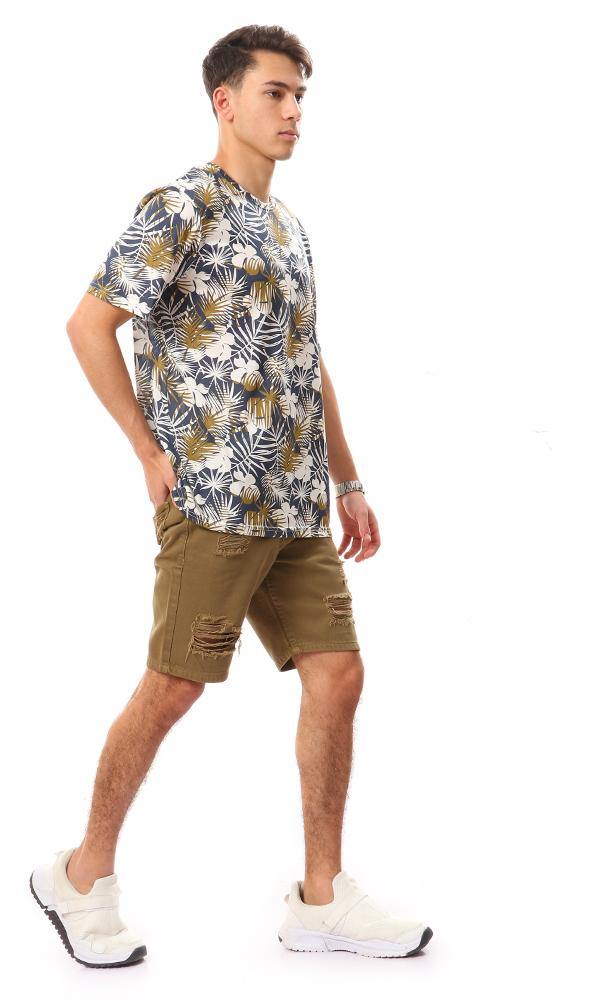 94939 Self Patterned Cotton Beach T-Shirt - White, Olive & Navy Blue - Ravin 