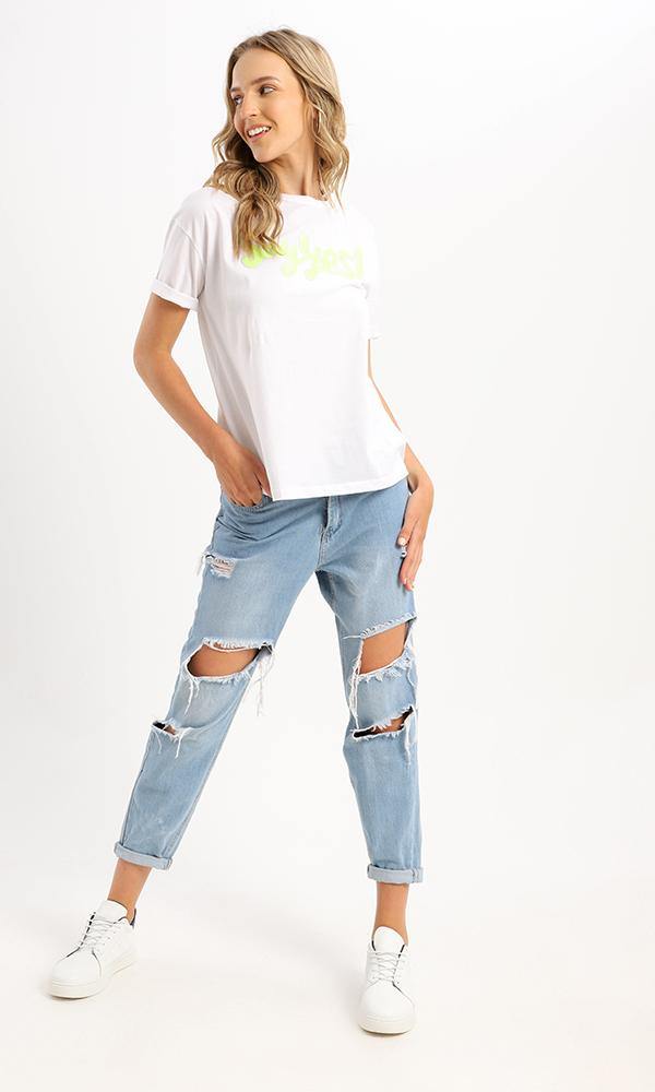 94966 Stitched Sequins Say Yes White Regular Tee - Ravin 