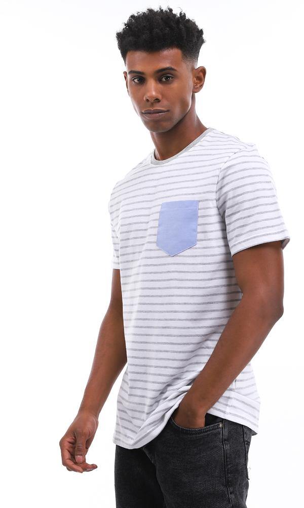 94974 White & Grey Striped Cotton Tee With Front Pocket - Ravin 