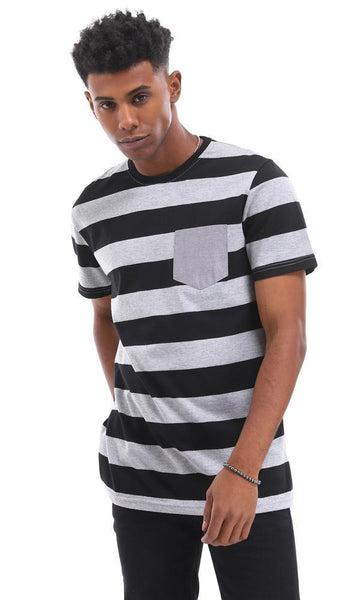 94975 Comfy Bi-Tone Striped T-Shirt With Front Pocket - Black & Grey - Ravin 