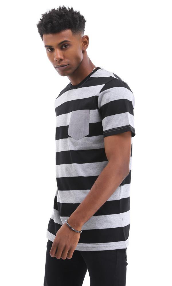 94975 Comfy Bi-Tone Striped T-Shirt With Front Pocket - Black & Grey - Ravin 