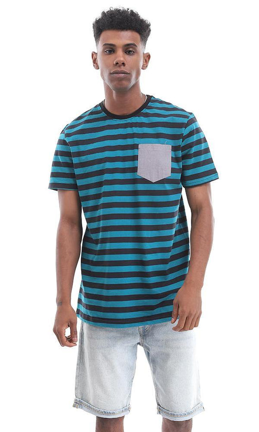 94976 Side Pocket Striped Teal Blue & Black Cotton T-shirt - Ravin 