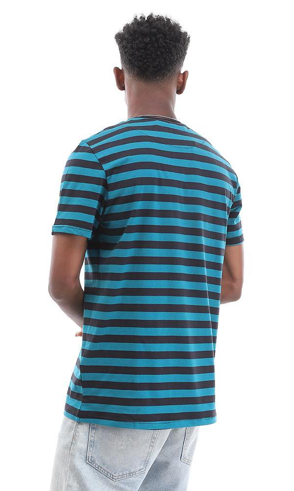 94976 Side Pocket Striped Teal Blue & Black Cotton T-shirt - Ravin 