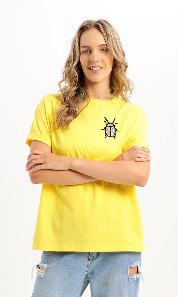 94977 Front Stitched Scarab Yellow Short Sleeves Tee - Ravin 