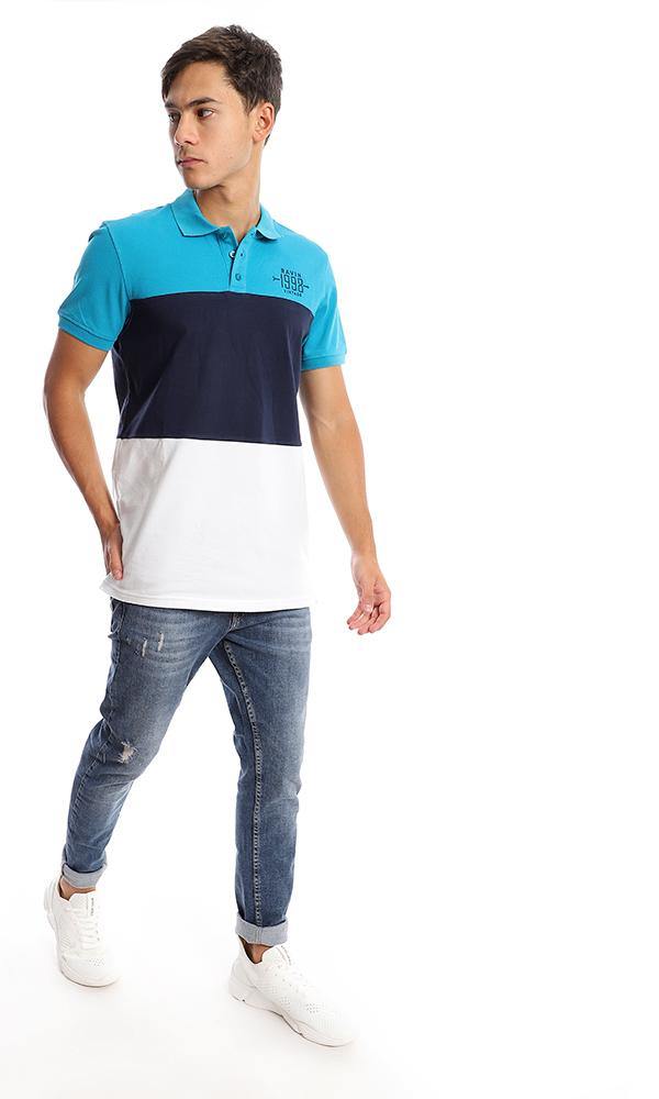 94979 Tri-tone Pique Casual Polo Shirt - Turquoise, Navy Blue & White - Ravin 