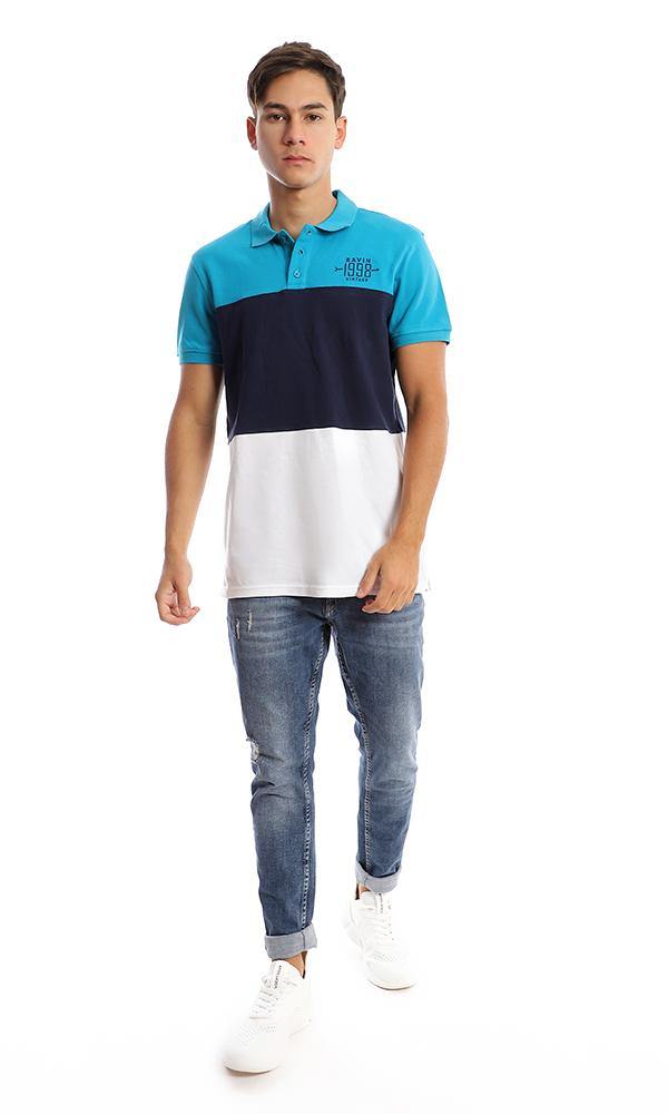 94979 Tri-tone Pique Casual Polo Shirt - Turquoise, Navy Blue & White - Ravin 