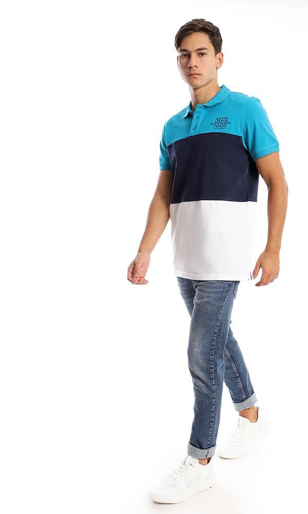 94979 Tri-tone Pique Casual Polo Shirt - Turquoise, Navy Blue & White - Ravin 