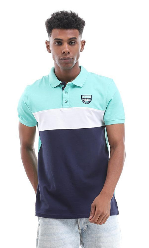 94983 Short Sleeves Buttoned Tri-tone Polo Shirt - Ligh Green , White & Navy Blue - Ravin 