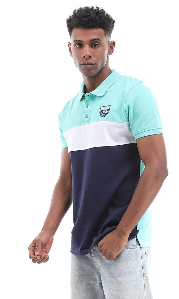 94983 Short Sleeves Buttoned Tri-tone Polo Shirt - Ligh Green , White & Navy Blue - Ravin 