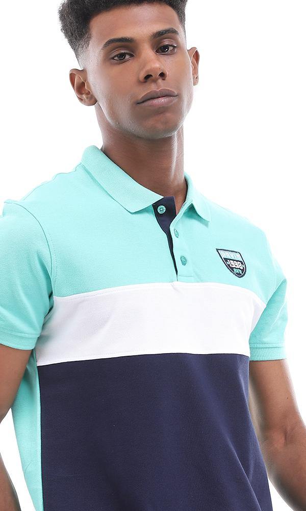 94983 Short Sleeves Buttoned Tri-tone Polo Shirt - Ligh Green , White & Navy Blue - Ravin 
