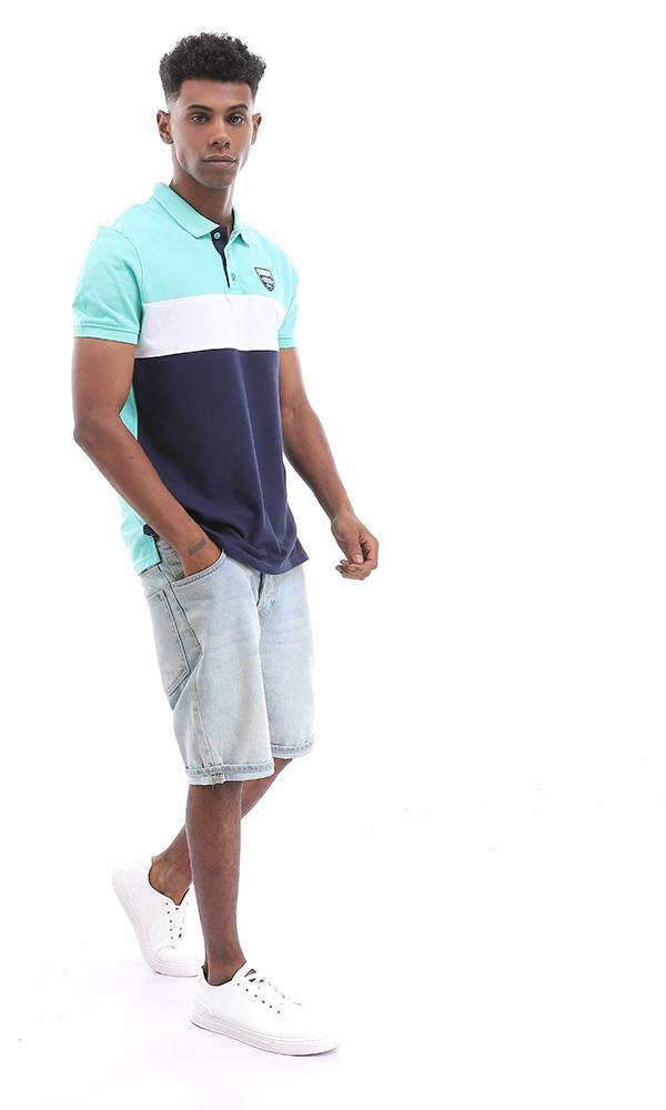 94983 Short Sleeves Buttoned Tri-tone Polo Shirt - Ligh Green , White & Navy Blue - Ravin 