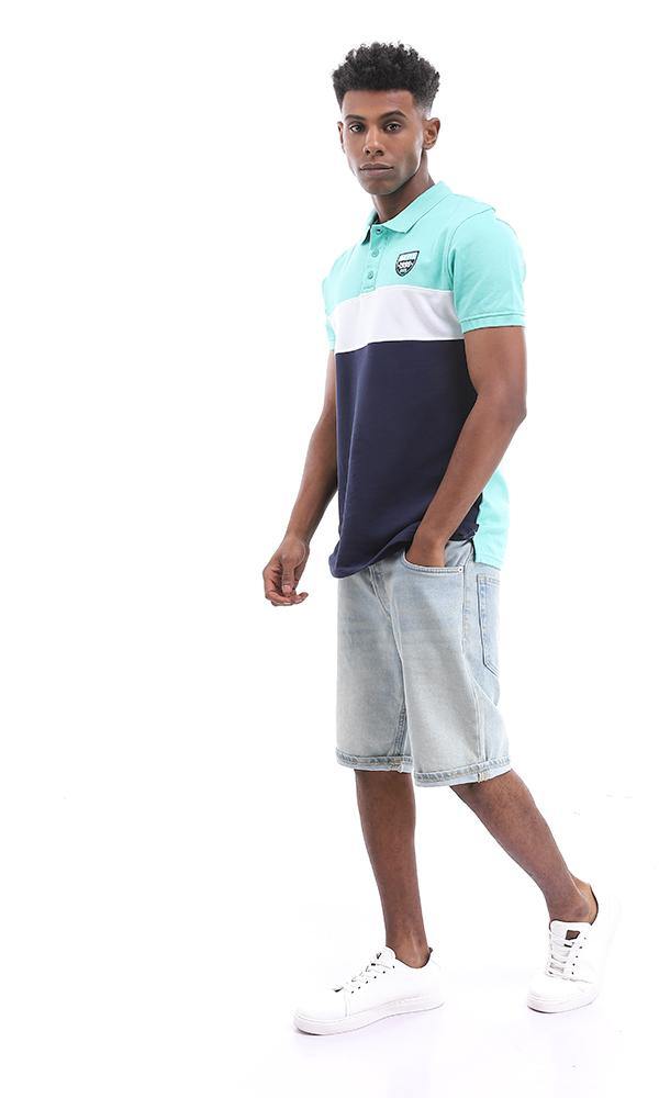 94983 Short Sleeves Buttoned Tri-tone Polo Shirt - Ligh Green , White & Navy Blue - Ravin 
