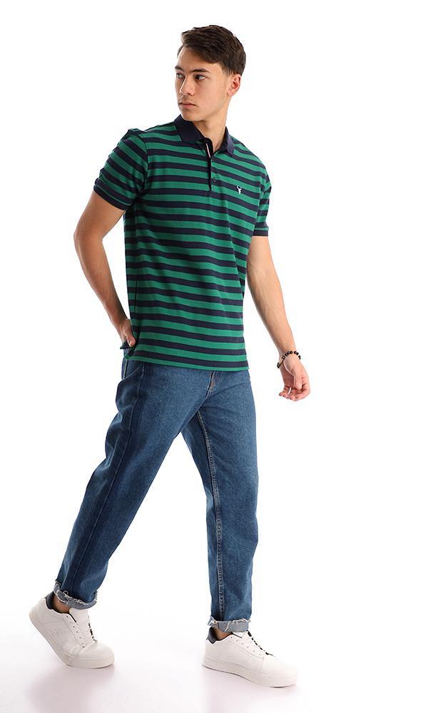 94985 Bi-Tone Striped Pique Navy Blue & Green Polo Shirt - Ravin 