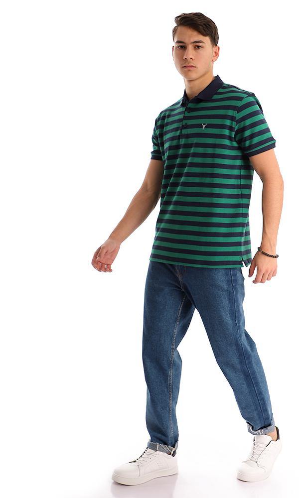 94985 Bi-Tone Striped Pique Navy Blue & Green Polo Shirt - Ravin 