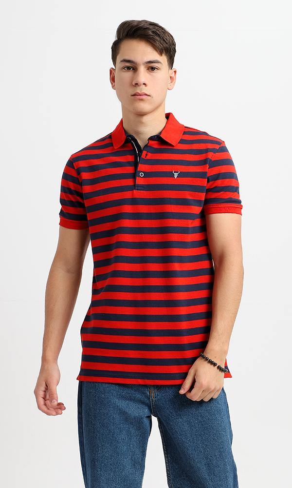 94986 Short Sleeves Striped Casual Polo Shirt - Navy Blue & Red - Ravin 