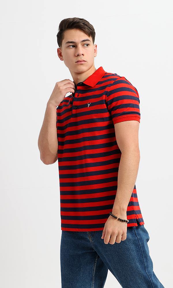 94986 Short Sleeves Striped Casual Polo Shirt - Navy Blue & Red - Ravin 