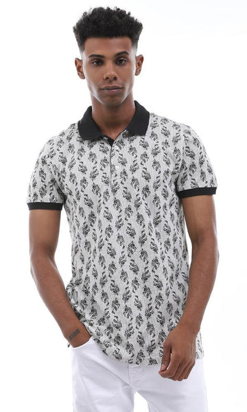 95007 Printed Striped & Leaves Buttoned Off White & Black Polo Shirt - Ravin 