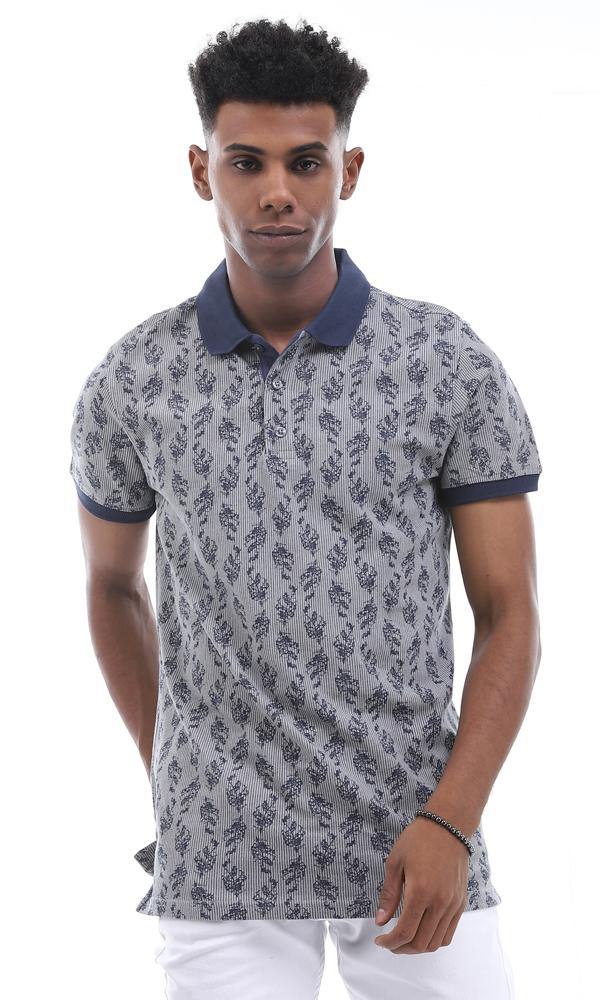 95008 Dark Grey Striped & Leaved Printed Polo Shirt - Ravin 