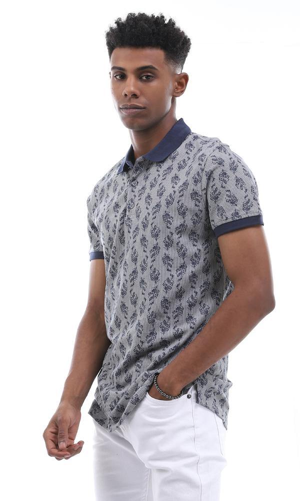 95008 Dark Grey Striped & Leaved Printed Polo Shirt - Ravin 