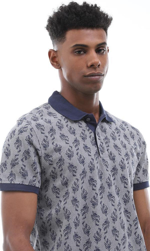 95008 Dark Grey Striped & Leaved Printed Polo Shirt - Ravin 