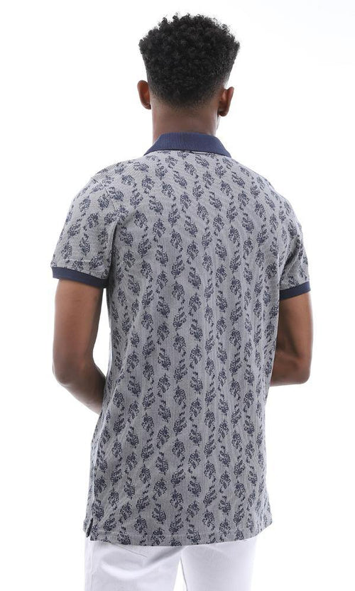 95008 Dark Grey Striped & Leaved Printed Polo Shirt - Ravin 