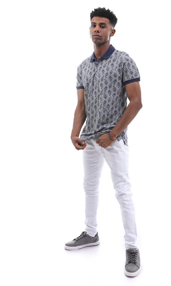 95008 Dark Grey Striped & Leaved Printed Polo Shirt - Ravin 