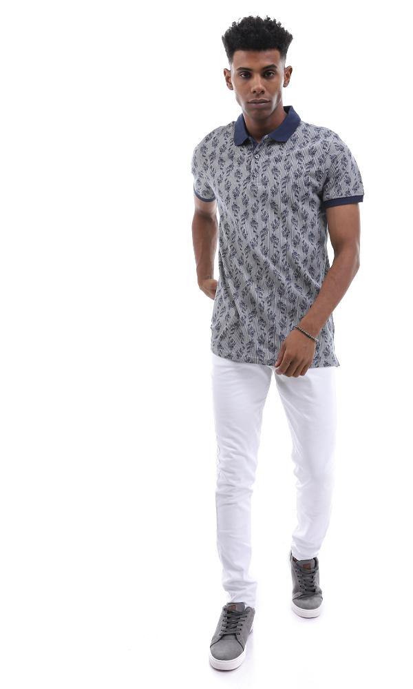 95008 Dark Grey Striped & Leaved Printed Polo Shirt - Ravin 