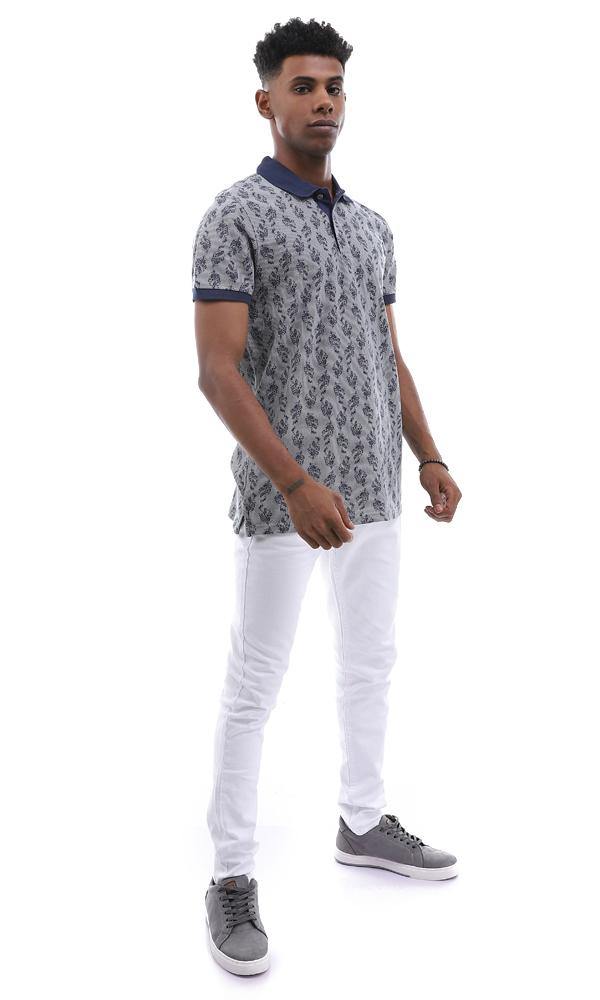 95008 Dark Grey Striped & Leaved Printed Polo Shirt - Ravin 
