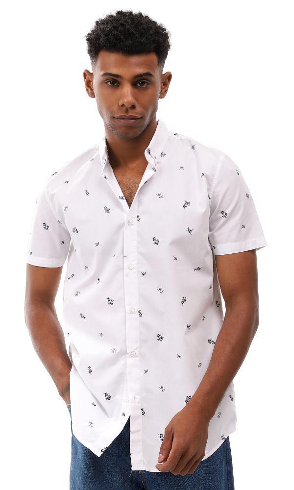 95009 Self Floral Short Sleeves Shirt - White & Navy Blue - Ravin 