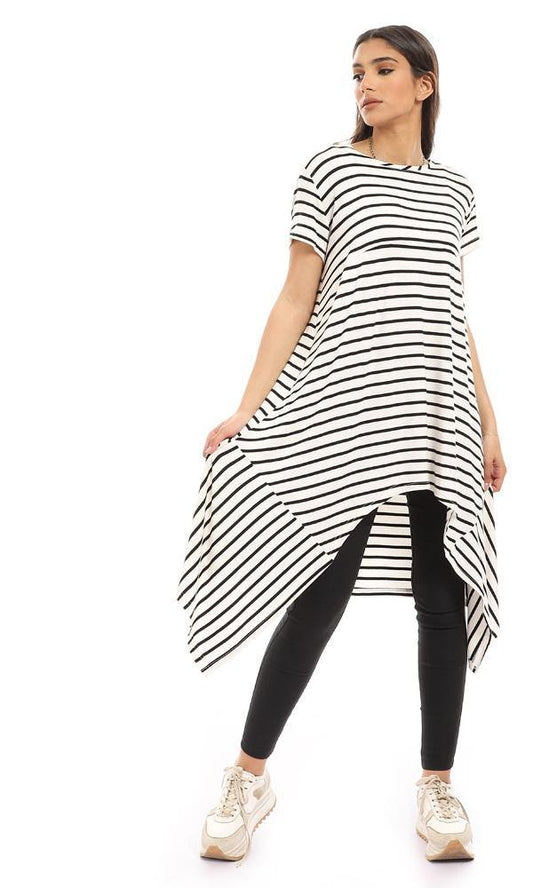 95025 Loose Fit Cape Sleeves Striped Top - White & Black - Ravin 