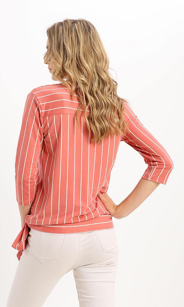95027 V-Neck Casual Striped Blouse With Side Lace Up - Dark Coral - Ravin 