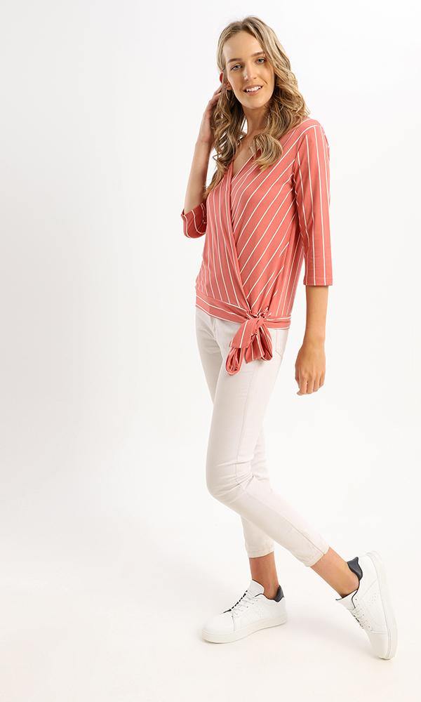 95027 V-Neck Casual Striped Blouse With Side Lace Up - Dark Coral - Ravin 